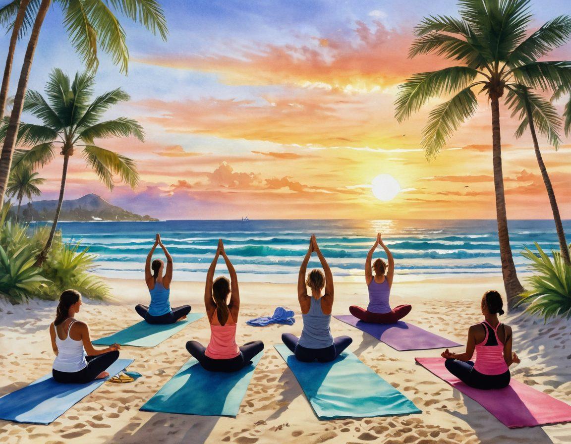 A serene beach scene depicting a diverse group of people practicing yoga on the sand at sunrise, surrounded by lush palm trees and gentle waves. Include elements like colorful beach towels, fresh fruits, and a clean ocean in the background to illustrate a healthy lifestyle. The atmosphere should feel uplifting and calming, evoking a sense of wellness. watercolor painting. soft pastels. natural light.