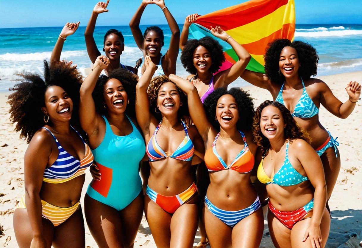 A diverse group of individuals joyfully celebrating their bodies on a sunlit beach, showcasing various shapes and sizes in vibrant swimsuits. They are laughing, posing confidently, and enjoying the waves, with the ocean's sparkling water in the background. Include colorful beach towels and seashells scattered around, highlighting a sense of community and self-acceptance. The overall vibe should radiate positivity and empowerment. super-realistic. vibrant colors. sunny beach setting.